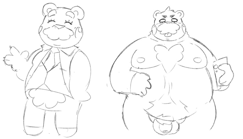 2022 animal_crossing anthro balls beardo_(animal_crossing) belly big_belly cellphone clothing facial_hair flaccid genitals hi_res male mammal mature_male moobs mustache necktie nintendo nipples overweight overweight_male penis phone shirt sketch smartphone smut_leo solo tongue tongue_out topwear ursid video_games
