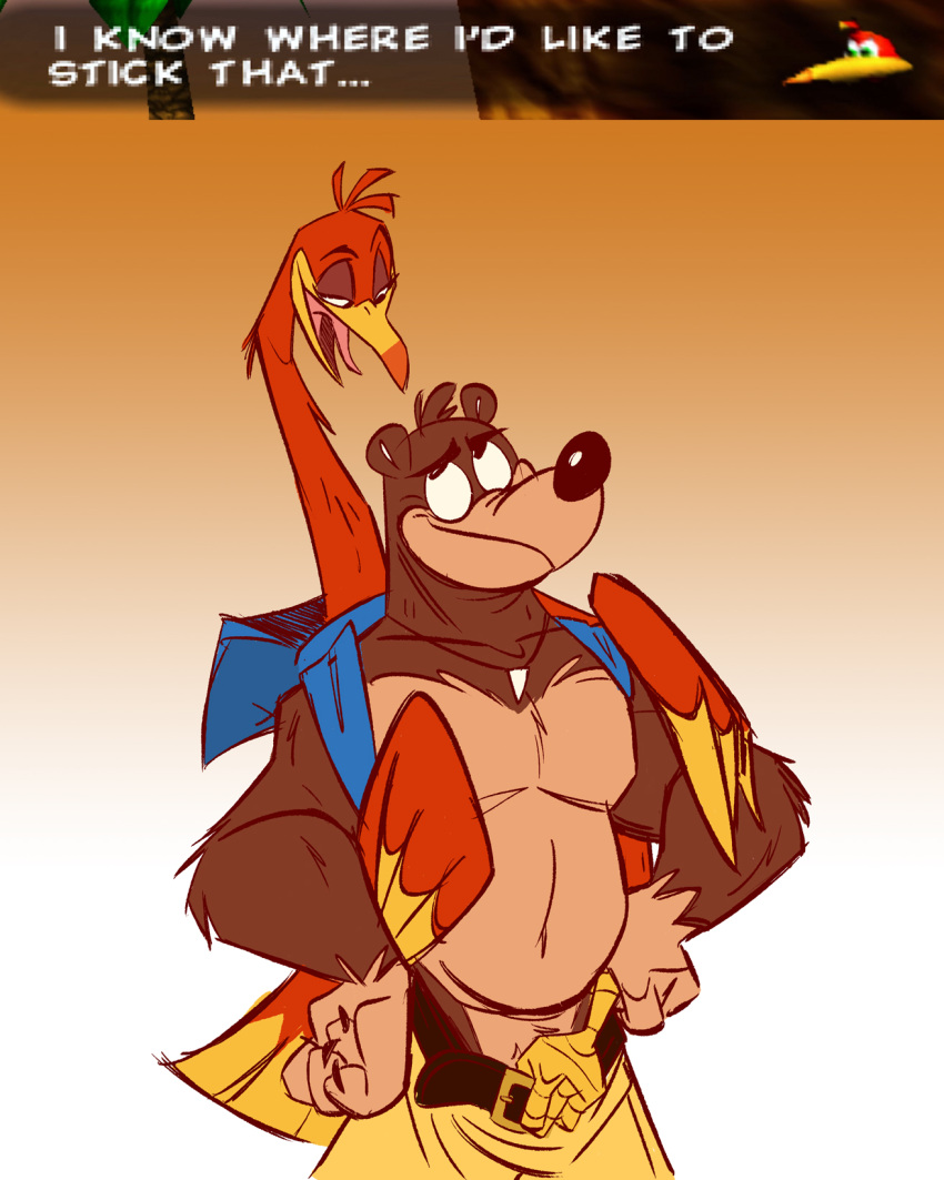 anthro avian backpack banjo-kazooie banjo_(banjo-kazooie) beak belt bottomwear brown_body brown_fur claws clothing collar dialogue duo embrace feathers female feral fluttershythekind fur half-closed_eyes hands_on_hips hi_res hug hugging_from_behind kazooie long_neck looking_at_another male male/female mammal narrowed_eyes pulling_pants_down rareware red_body red_feathers shirtless shorts simple_background tan_body tan_fur teasing text tongue tongue_out undressing ursid video_games yellow_body yellow_feathers