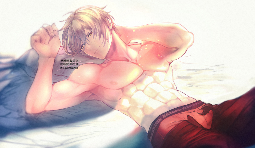 1boy abs albert_(shingeki_no_bahamut) bangs bara bed blonde_hair closed_mouth granblue_fantasy highres large_pectorals lying male_focus male_underwear muscular muscular_male navel nipples nuu_(liebe_sk) on_back on_bed open_pants pants pectorals pillow red_male_underwear red_pants smile solo topless_male underwear