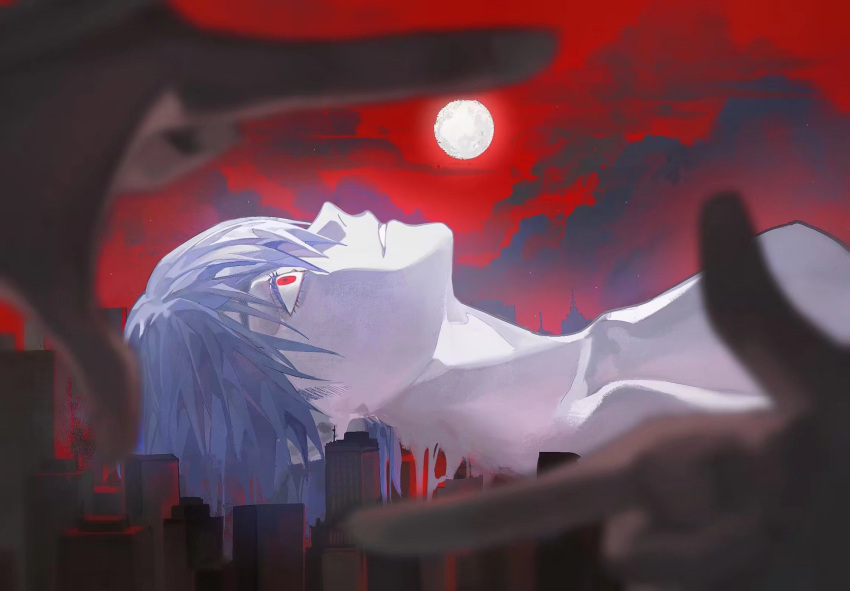 1boy bangs blurry building chan9233 chinese_commentary city cityscape cloud cloudy_sky commentary_request depth_of_field end_of_evangelion finger_frame from_side full_moon giant grey_hair highres looking_up lying male_focus melting moon nagisa_kaworu neon_genesis_evangelion nude on_back out_of_frame parted_lips portrait red_eyes red_sky short_hair sky solo solo_focus wide-eyed