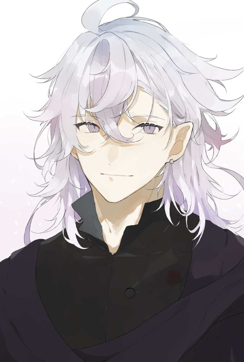 1boy ahoge alternate_hairstyle bangs black_shirt closed_mouth collared_shirt commentary_request earrings fate/grand_order fate_(series) hair_between_eyes highres jewelry light_smile long_hair long_sleeves looking_at_viewer male_focus merlin_(camelot_&amp;_co)_(fate) merlin_(fate) official_alternate_costume pointy_ears purple_eyes romo827 scarf shirt simple_background smile solo upper_body very_long_hair white_background white_hair