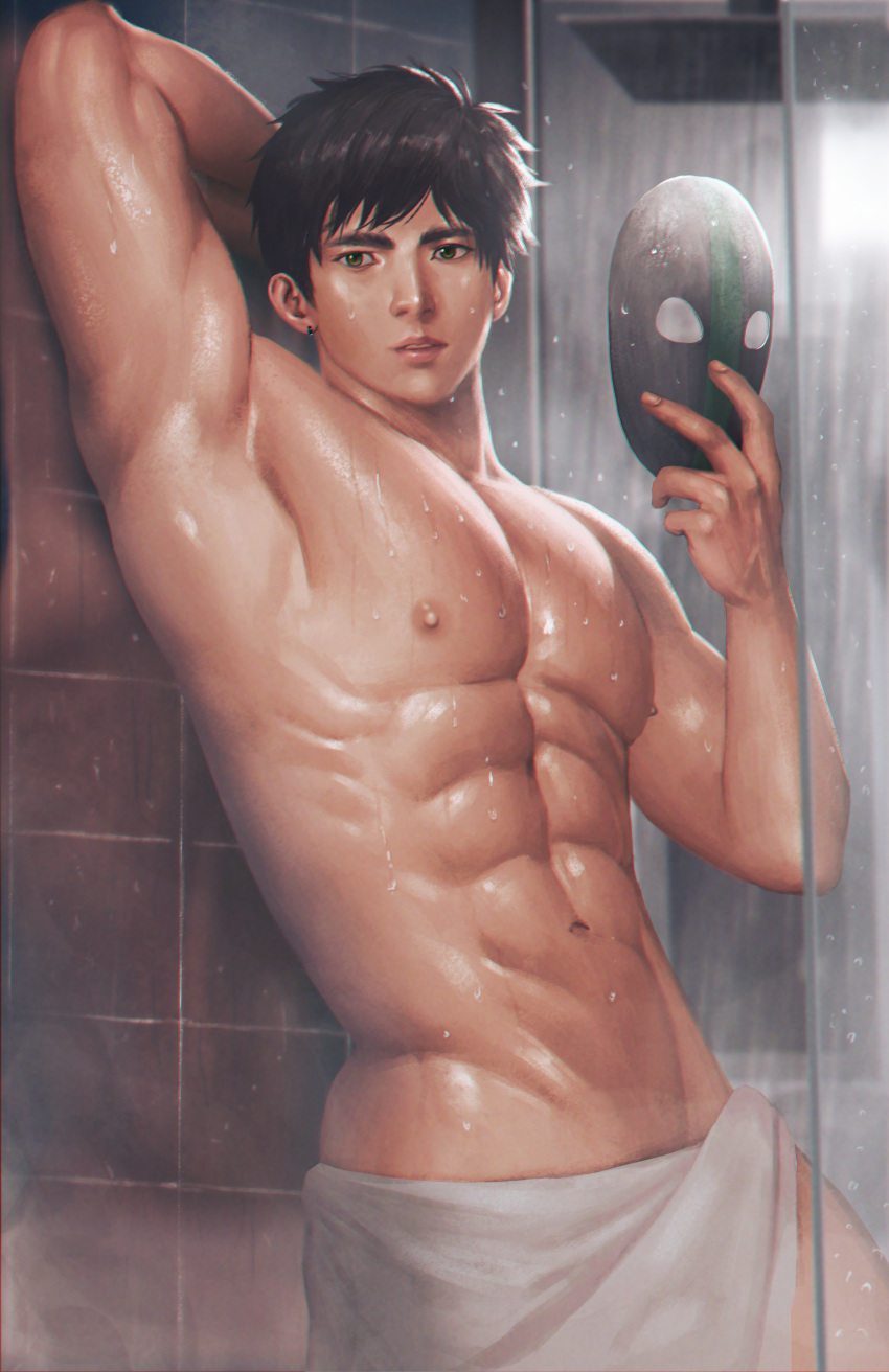 1boy abs absurdres arm_behind_head bangs bara black_hair commission earrings green_eyes highres holding holding_mask jewelry large_pectorals male_focus mask muscular muscular_male navel nipples original parted_lips pectorals short_hair solo towel towel_around_waist undertaker01 wet