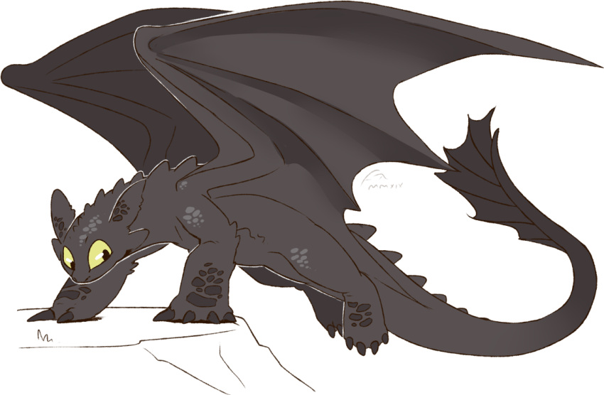 ambiguous_gender black_body black_claws black_ears black_scales black_tail black_wings claws dragon dreamworks feral glistening glistening_eyes how_to_train_your_dragon imperatorcaesar membrane_(anatomy) membranous_wings scales side_view signature simple_background solo toothless white_background wings