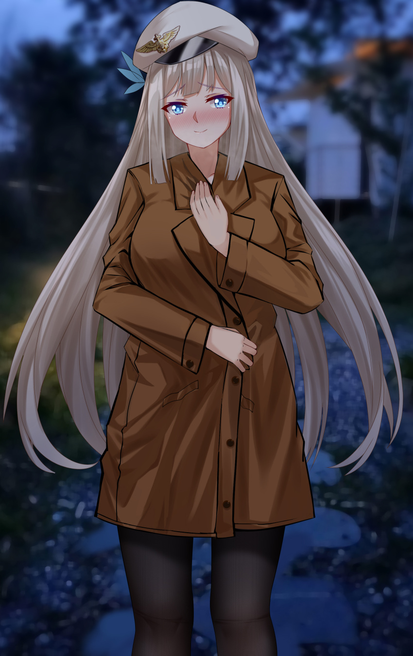 1girl absurdres black_pantyhose blue_eyes blush breasts brown_coat cang_se_ye_hua coat feather_hair_ornament feathers grey_hair hair_ornament hat highres large_breasts lexington_(warship_girls_r) long_hair long_sleeves nose_blush outdoors pantyhose peaked_cap solo standing warship_girls_r white_headwear