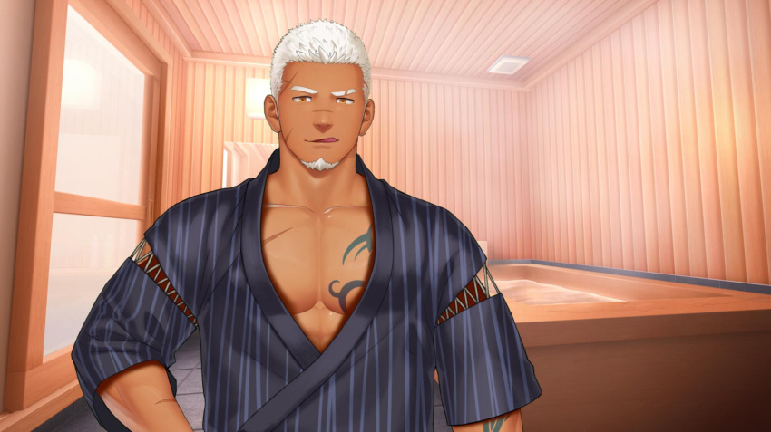 1boy :q arm_cutout bara chest_tattoo cross-laced_cutout dark-skinned_male dark_skin eyebrow_cut grey_kimono highres indie_virtual_youtuber itto_(mentaiko) japanese_clothes kimono large_pectorals laurel_crown lei_bailin looking_at_viewer male_focus mature_male muscular muscular_male official_alternate_costume official_art pectoral_cleavage pectorals scar scar_on_face scar_on_forehead scar_on_nose second-party_source seductive_smile short_hair sideburns smile solo tattoo thick_eyebrows tongue tongue_out upper_body virtual_youtuber white_hair
