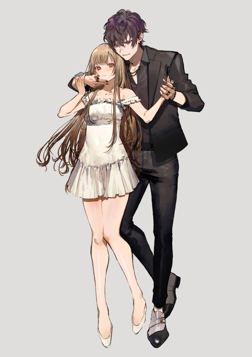 1boy 1girl black_jacket black_nails black_pants breasts brown_eyes brown_hair dress earclip hand_on_another's_chin hetero highres holding_hands jacket jewelry long_hair messy_hair necklace nozaki_tsubata official_art oxygen_(song) pants ring short_dress simple_background small_breasts very_long_hair white_dress white_footwear