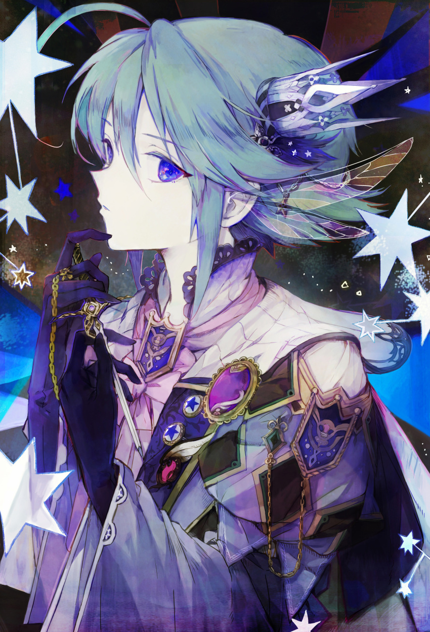 1boy absurdres bishounen blue_hair crown facing_to_the_side gem gloves highres hihara_you jewelry long_sleeves looking_at_viewer male_focus necklace original parted_lips purple_eyes solo star_(symbol) wing_ears wings