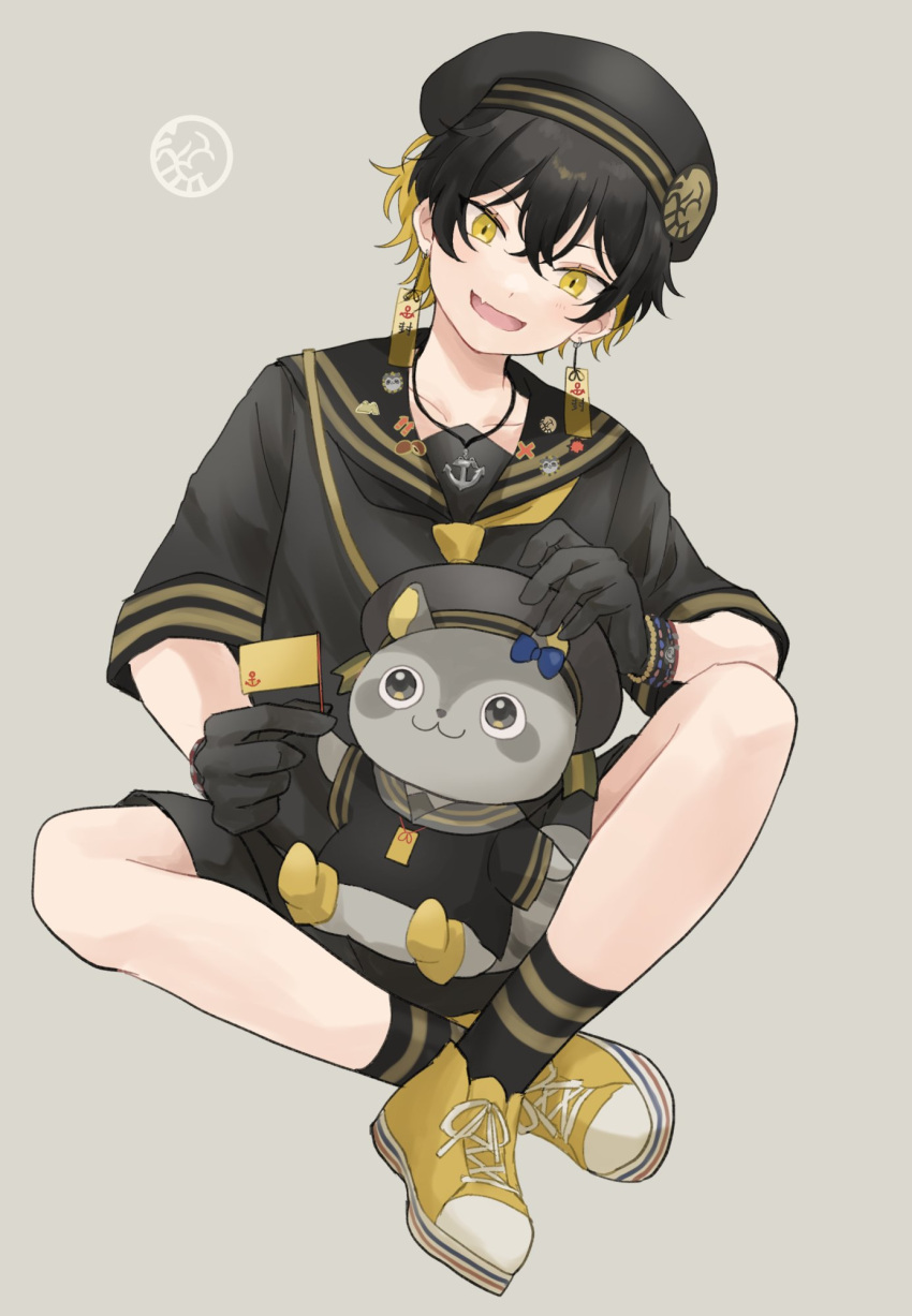 1boy :d anchor_necklace animal bangs beret black_gloves black_hair black_headwear black_shirt black_shorts black_socks blonde_hair bracelet clothed_animal crossed_ankles crossed_bangs earrings flag full_body gloves grey_background hair_between_eyes hat highres holding holding_flag holostars jewelry kotatsu_(yatogami_fuma) lapel_pin looking_at_animal male_focus mioto_(tsubsq_m) multicolored_hair neckerchief necklace raccoon shirt shoes short_hair shorts simple_background sitting smile sneakers socks solo striped striped_socks two-tone_hair virtual_youtuber yatogami_fuma yellow_eyes yellow_footwear yellow_neckerchief