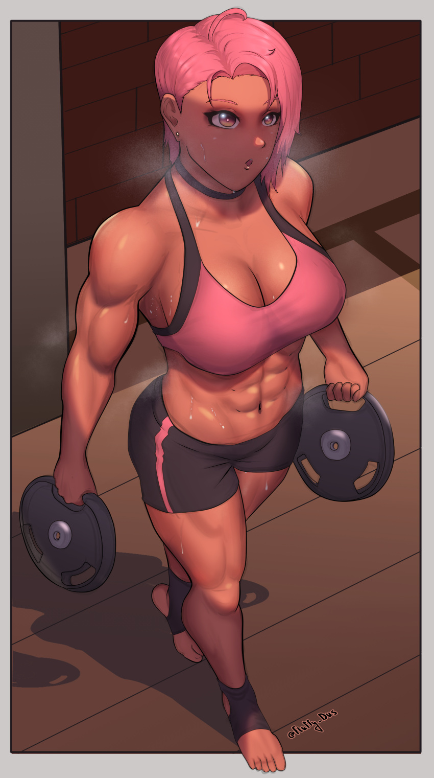 1girl abs absurdres breasts cleavage ear_piercing exercise eyelashes floor fluffydus from_above highres indoors large_breasts muscular muscular_female original parted_lips piercing pink_eyes pink_hair signature sports_bra sportswear steam steaming_body stomach sweat weightlifting weights wooden_floor workout_clothes