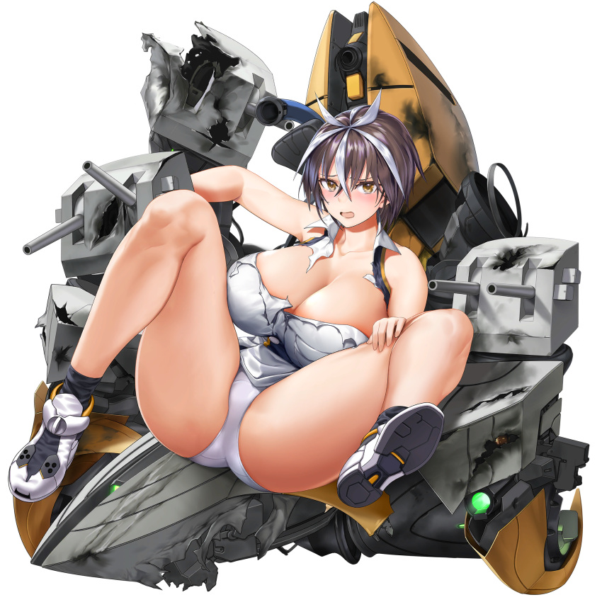 1girl armpits ass breasts broken broken_weapon brown_hair cannon defeat dress galatea_(last_origin) hand_on_own_thigh highres huge_breasts kuuro_kuro large_breasts last_origin looking_at_viewer military military_uniform multicolored_hair naval_uniform official_art open_mouth panties short_dress short_hair solo streaked_hair thick_thighs thighs torn_clothes torn_dress transparent_background turret two-tone_hair underwear uniform weapon white_panties yellow_eyes