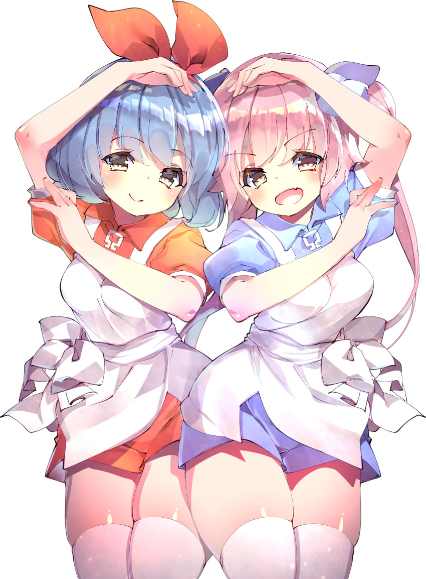 2girls :d blue_hair blush commentary_request cowboy_shot fang fujishima-sei_ichi-gou green_eyes hair_ribbon heart_arms_duo highres long_hair looking_at_viewer multiple_girls omega_rei omega_rio omega_sisters omega_symbol purple_hair ribbon short_hair shorts simple_background skin_fang smile thighhighs twintails virtual_youtuber white_background white_thighhighs