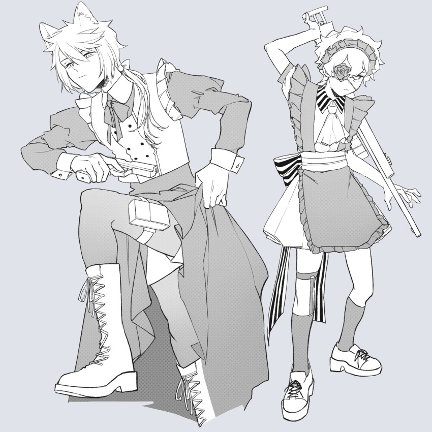 2boys :/ :| alternate_costume animal_ears apron arm_up ascot astel_leda back_bow boots bow buttons calf_socks closed_mouth clothes_lift collared_dress cross-laced_footwear crossdressing double-breasted dress enmaided expressionless finger_on_trigger flower_eyepatch foot_out_of_frame full_body grey_background greyscale gun hair_between_eyes hair_bow hair_over_shoulder handgun highres holding holding_gun holding_weapon holostars holster jackal_ears juliet_sleeves juu_(45_jujut) kageyama_shien leg_up legwear_garter lifted_by_self long_dress long_hair long_sleeves looking_at_viewer low_ponytail maid maid_apron maid_day maid_headdress male_focus monochrome multiple_boys neck_ribbon over_shoulder pantyhose peter_pan_collar puffy_sleeves ribbon rifle shoes short_hair shorts_under_dress simple_background single_garter skirt skirt_lift socks standing striped striped_bow thigh_holster vest virtual_youtuber weapon weapon_over_shoulder