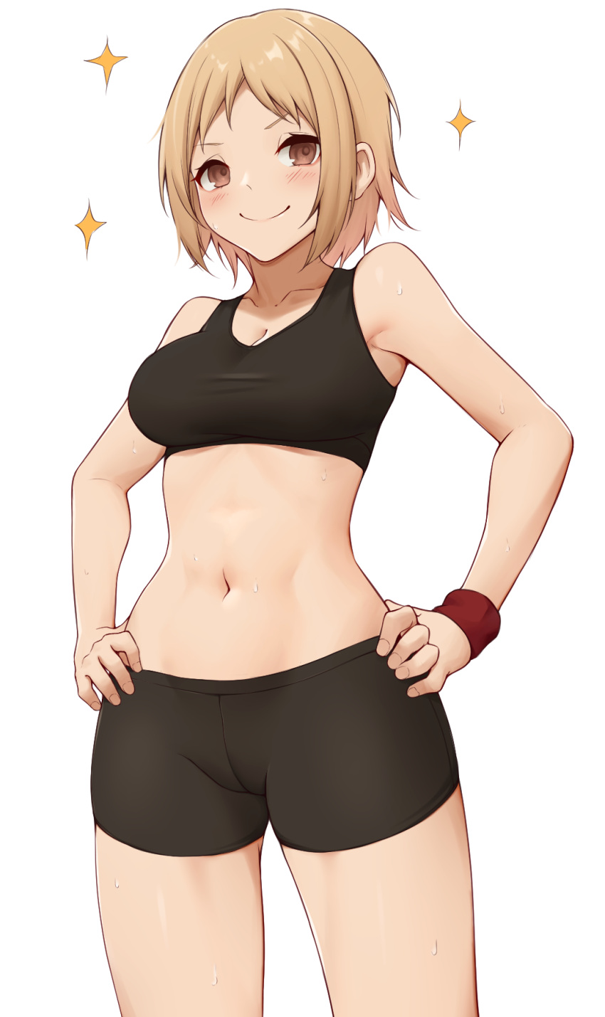 1girl act_(xadachit) alternate_costume bike_shorts blonde_hair blush breasts brown_eyes commission girls'_frontline hands_on_hips highres midriff mp40_(girls'_frontline) navel non-web_source playing_sports serious short_hair simple_background smile solo sparkle sports_bra sweat sweatband toned
