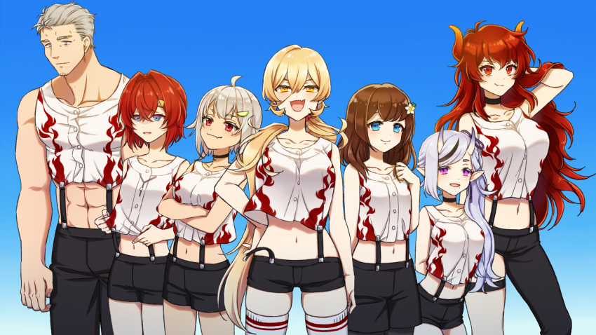 1boy 5girls :d abs arm_behind_back arm_behind_head asymmetrical_clothes bangs black_choker black_pants black_shorts blonde_hair blue_background blue_eyes breasts brown_hair choker closed_mouth clothes_lift cowboy_shot crop_top crossed_arms crossed_bangs dragon_horns fang flame_print flower gradient gradient_background grey_eyes grey_hair hair_between_eyes hair_flower hair_intakes hair_ornament hairclip hand_on_hip highres horns large_breasts lineup long_hair low_ponytail medium_breasts medium_hair midriff mole mole_under_eye multicolored_hair multiple_girls muscular muscular_male navel nijisanji nui_sociere oni oni_horns pants parted_lips pointy_ears purple_eyes red_eyes red_hair shirt shirt_lift short_hair shorts side_ponytail single_pantsleg skin_fang skindentation sleeveless sleeveless_shirt small_breasts smile smug stomach streaked_hair suspender_shorts suspenders thigh_strap thighhighs toono_(kanagawa) very_long_hair white_hair white_shirt white_thighhighs yellow_eyes