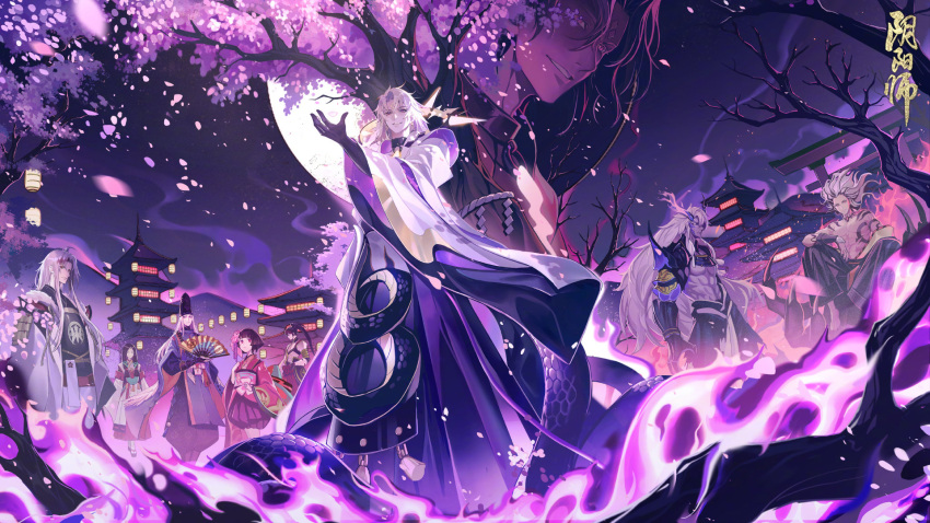 abe_no_seimei_(onmyoji) bishounen cherry_blossoms falling_petals highres ibaraki_douji_(onmyoji) japanese_clothes kagura_(onmyoji) kamiochi_orochi long_hair looking_at_viewer male_focus minamoto_no_hiromasa minamoto_no_yorimitsu_(onmyoji) multicolored_hair official_art onmyoji orochi_(onmyoji) petals shuten_douji_(onmyoji) solo solo_focus white_hair yao_bikuni_(onmyoji)