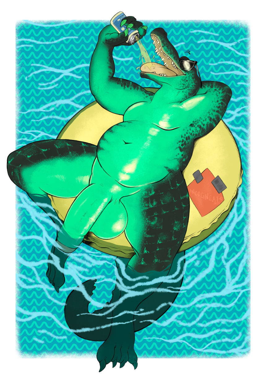 absurd_res anthro balls beverage_can big_glans claws crocodilian drinking eyewear foreskin genitals hand_behind_head hi_res humanoid_genitalia humanoid_penis incogneato male navel open_mouth overweight overweight_male partially_submerged penis pool_(disambiguation) pool_float relaxing reptile scalie solo sunglasses