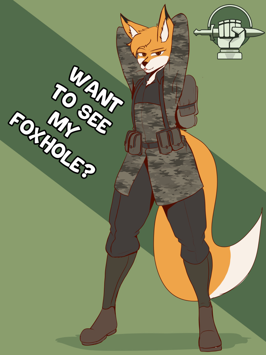 3:4 absurd_res anthro backpack black_nose boots brown_eyes camo camo_clothing camo_print canid canine clothed clothing english_text footwear fox full-length_portrait fur hi_res inner_ear_fluff male mammal open_mouth orange_body orange_fur pattern_clothing portrait smile solo standing text the_man tuft video_games white_body white_fur