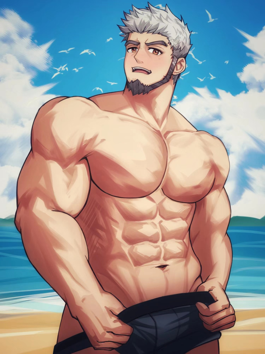 1boy abs alternate_pectoral_size bara beach beard bird black_male_swimwear blush brown_eyes bulge camp_buddy cloud cloudy_sky cowboy_shot facial_hair flustered frown goro_nomoru grey_hair highres large_pectorals looking_at_viewer male_focus male_swimwear male_swimwear_pull mature_male multicolored_hair muscular muscular_male navel no_nipples pectorals pulled_by_self short_hair sideburns sky solo stomach swim_briefs thick_eyebrows topless_male two-tone_hair undressing user_gggs3572 water