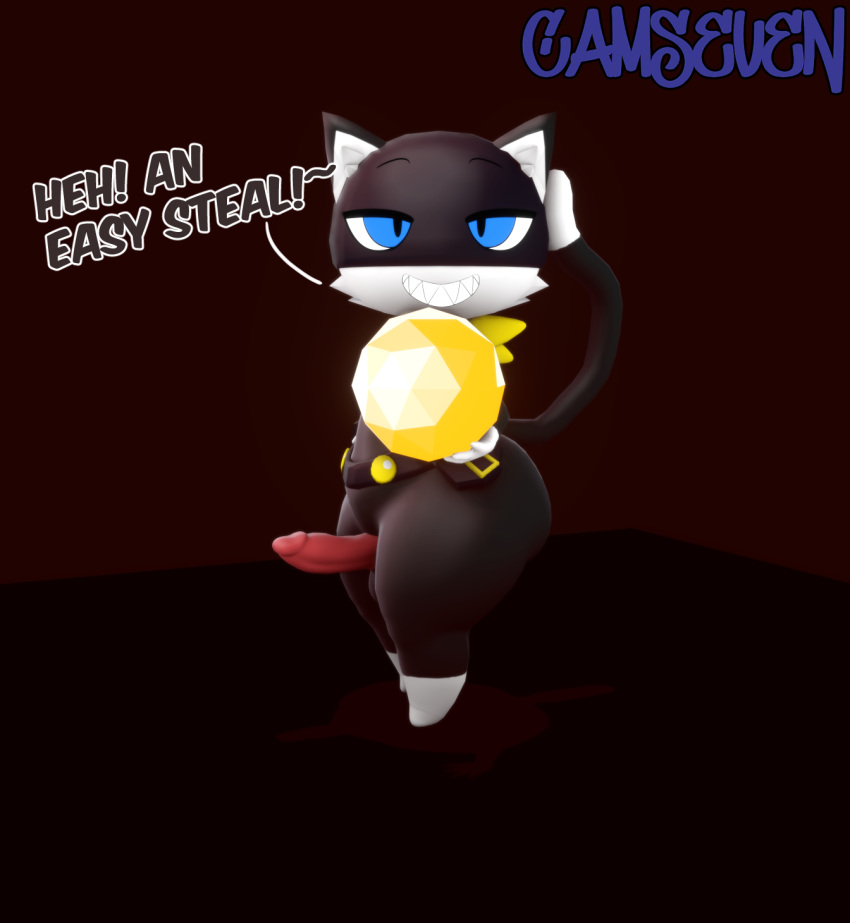 2022 3d_(artwork) anthro atlus balls bandanna big_butt black_body black_fur blue_eyes bubble_butt butt camseven dialogue digital_media_(artwork) domestic_cat english_text erection felid feline felis fur gem genitals grin half-closed_eyes hi_res holding_gem holding_object inner_ear_fluff kerchief looking_at_viewer male mammal megami_tensei megami_tensei_persona morgana_(persona) multicolored_body multicolored_fur narrowed_eyes penis sharp_teeth side_view simple_background smile solo standing teeth text thick_thighs tuft video_games watermark white_body white_fur wide_hips