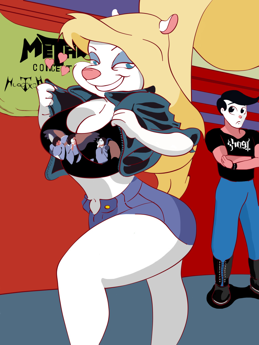 absurd_res animal_humanoid animaniacs animaniacs_(2020) anthro big_breasts big_butt blonde_hair blue_eyes bottomwear breasts butt clothed clothing duo female fur hair heavy_metal hi_res hugotaker human humanoid male mammal mammal_humanoid medium_breasts mime minerva_mink miniskirt mink mustela mustela_humanoid mustelid mustelid_humanoid musteline musteline_humanoid navel punk skirt smile standing thick_thighs toony true_musteline warner_brothers white_body white_fur wide_hips yellow_body yellow_fur yellow_tail