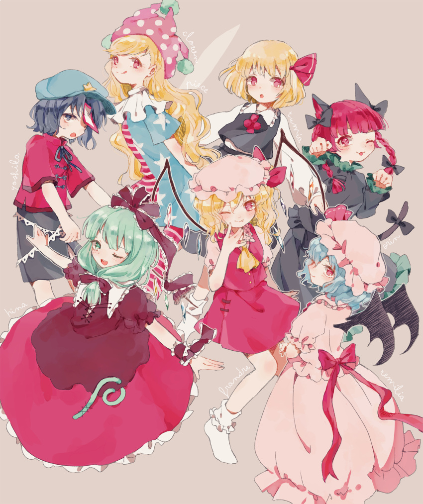 6+girls :3 :d :o :p :q american_flag_dress american_flag_legwear animal_ears ascot back_bow bangs bat_wings black_bow black_dress black_shorts black_skirt black_vest blonde_hair blue_eyes blue_hair blue_headwear blunt_bangs blush bobby_socks bow braid brown_background cabbie_hat cat_ears cat_tail character_name closed_mouth clownpiece collared_shirt commentary_request crystal dress fairy_wings fang flandre_scarlet frilled_ribbon frilled_shirt_collar frills green_eyes green_hair hair_bow hat hat_ribbon heart heart-shaped_pupils highres jester_cap kaenbyou_rin kagiyama_hina long_hair long_sleeves looking_at_viewer medium_hair miyako_yoshika mob_cap multiple_girls neck_ribbon neck_ruff nig_18 no_shoes ofuda_on_head one_side_up open_mouth outstretched_arms paw_pose pink_headwear pink_shirt pink_skirt polka_dot_headwear puffy_short_sleeves puffy_sleeves red_bow red_eyes red_hair red_ribbon red_shirt red_skirt red_tie red_vest remilia_scarlet ribbon rumia shirt short_sleeves shorts simple_background skirt smile socks star-shaped_pupils star_(symbol) symbol-shaped_pupils tail tail_bow tail_ornament teeth tongue tongue_out touhou twin_braids upper_teeth vest white_shirt white_socks wing_collar wings yellow_ascot zombie_pose