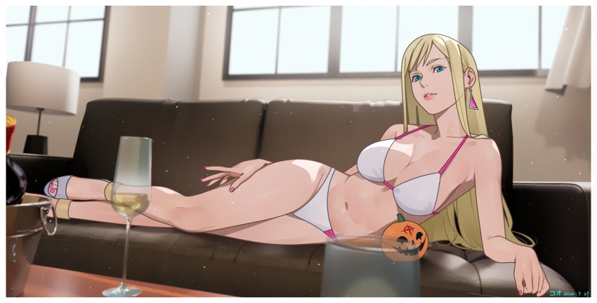 1girl anklet artist_name bare_legs bikini blonde_hair blue_eyes blurry blurry_background breasts bucket champagne_bottle cleavage commentary couch cup curtains dated davidhuang701 drinking_glass earrings full_body gigi_andalusia gundam gundam_hathaway's_flash highres indoors jack-o'-lantern jewelry lamp lampshade large_breasts light_particles lips long_hair looking_at_viewer lying nail_polish navel on_couch on_side parted_lips pink_nails sandals solo stomach straight_hair swimsuit table thighs toenail_polish toenails toes triangle_earrings white_bikini white_footwear window wine_glass