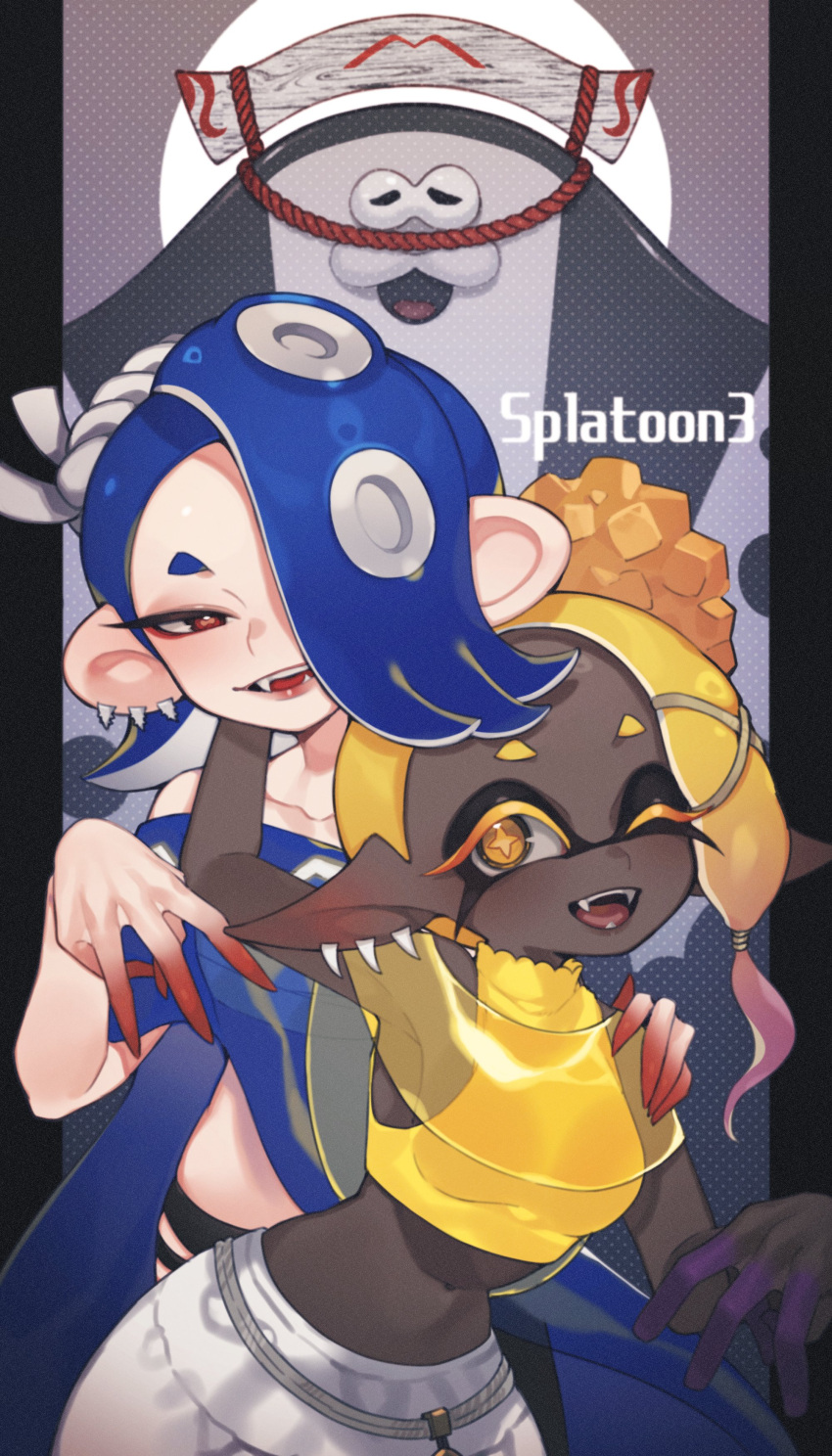 1boy 2girls absurdres asymmetrical_hair big_man_(splatoon) cephalopod_eyes chest_sarashi crop_top dark-skinned_female dark_skin ear_piercing fangs frye_(splatoon) hair_over_one_eye hand_on_another's_shoulder highres multiple_girls navel open_mouth piercing pointy_ears prat_rat sarashi sash see-through shiver_(splatoon) smile splatoon_(series) splatoon_3 stomach suction_cups tentacle_hair