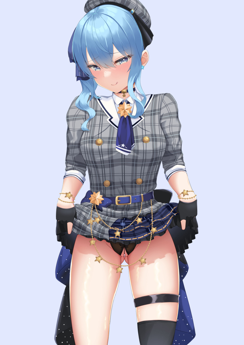 1girl :q absurdres ascot belt beret blue_background blue_eyes blue_hair choker clothes_lift earrings gloves hat highres hololive hoshimachi_suisei jewelry licking_lips lifted_by_self medium_hair panties partially_fingerless_gloves side_ponytail simple_background single_thighhigh skirt skirt_lift solo thigh_strap thighhighs tobiiiiiii tongue tongue_out underwear virtual_youtuber