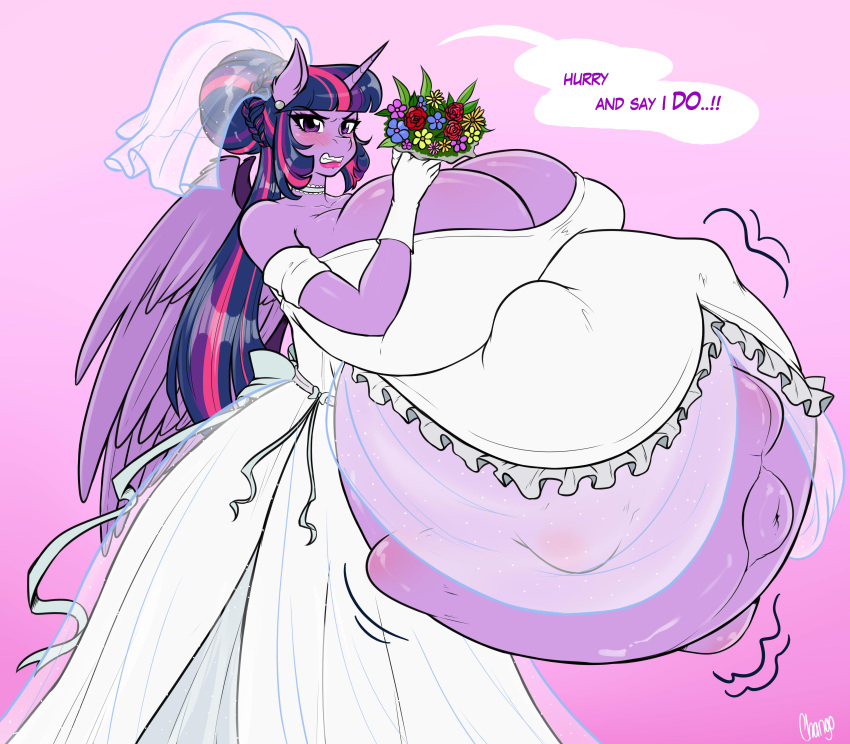 2022 absurd_res anthro anthrofied belly big_belly big_breasts breasts chango-tan clothing digital_media_(artwork) dress equid equine feathered_wings feathers female flower friendship_is_magic gloves hair handwear hasbro hi_res holding_object horn huge_breasts hyper hyper_belly hyper_breasts hyper_pregnancy lipstick makeup mammal my_little_pony navel outie_navel plant pregnant purple_body purple_eyes purple_feathers purple_hair ribbons solo text twilight_sparkle_(mlp) unborn_kicking wedding_dress winged_unicorn wings