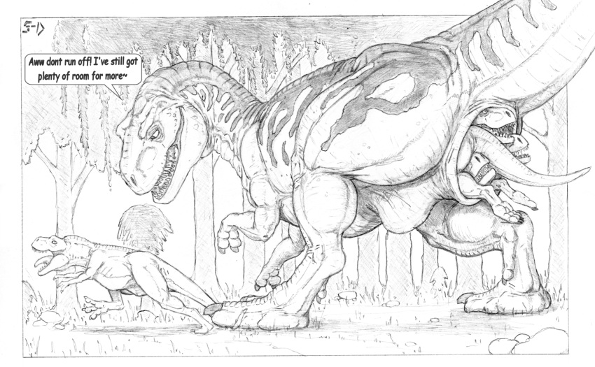 5-d anal anal_vore anus dialogue dinosaur feral feral_pred feral_prey graphite_(artwork) group hammerspace hi_res larger_pred male male_dominating_male male_pred male_prey pencil_(artwork) pinned plant raised_tail reptile rothar scalie size_difference theropod traditional_media_(artwork) tree tyrannosaurid tyrannosaurus tyrannosaurus_rex unwilling_prey vore