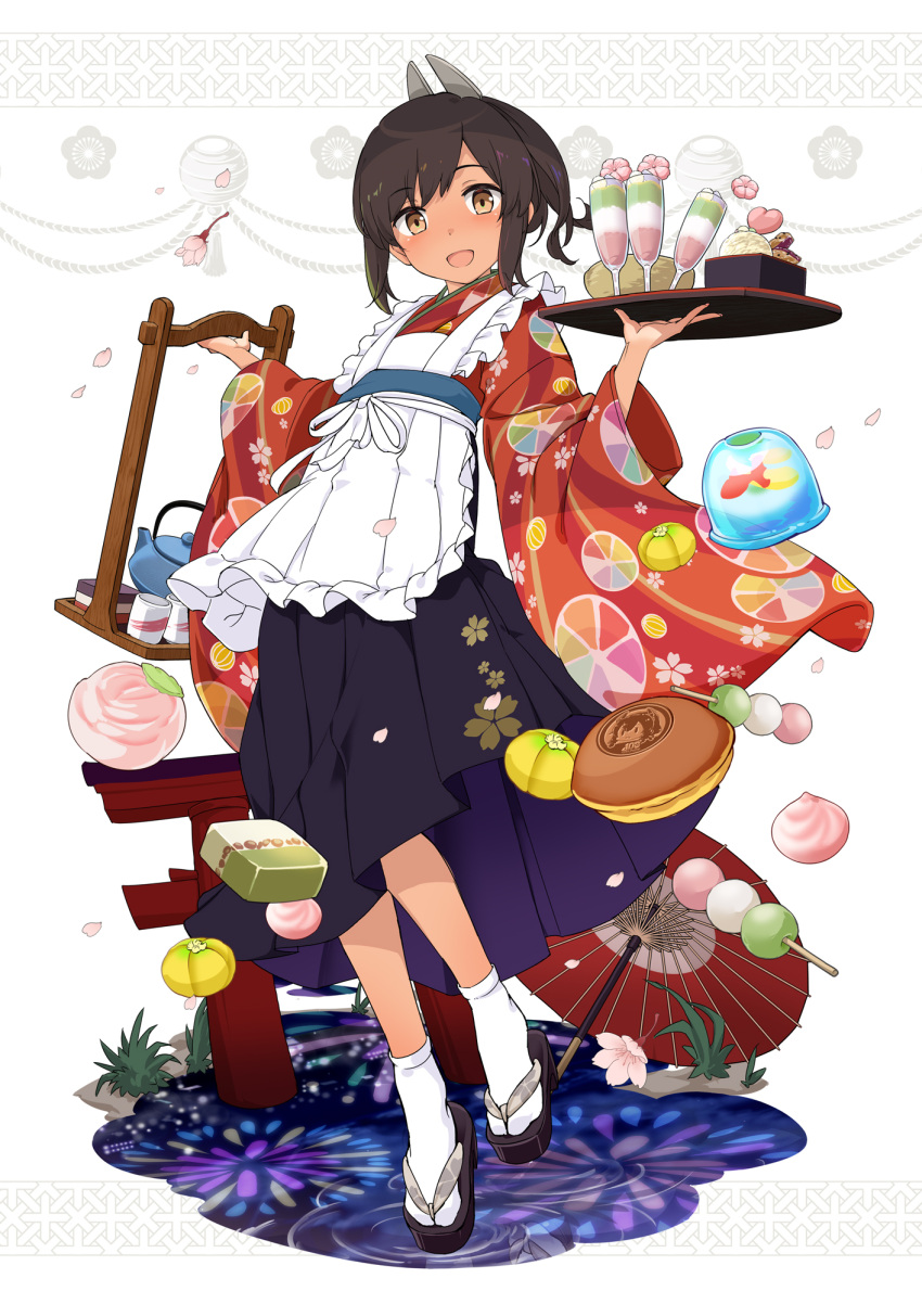 1girl aka_ringo alternate_costume black_hakama brown_eyes brown_hair food full_body hakama highres i-401_(kancolle) japanese_clothes kantai_collection kimono oil-paper_umbrella ponytail red_kimono sandals short_hair socks solo tabi tan teapot tray umbrella wagashi waitress white_socks