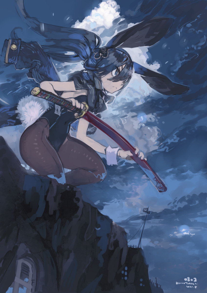 1girl animal_ears black_hair blue_eyes blue_theme brown_pantyhose commentary_request covered_navel fake_animal_ears fake_tail highres holding holding_sword holding_weapon katana konno_takashi leotard long_hair original pantyhose playboy_bunny ponytail scarf solo squatting strapless strapless_leotard sword tail weapon wrist_cuffs