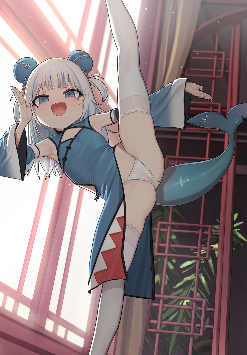1girl :d armpits blue_eyes borscht_(artist) china_dress chinese_clothes detached_sleeves dress fish_tail flat_chest gawr_gura grey_hair highres hololive hololive_english legs medium_hair multicolored_hair open_mouth panties shark_girl shark_tail sharp_teeth smile solo split standing standing_on_one_leg standing_split streaked_hair tail teeth thighhighs two_side_up underwear white_panties white_thighhighs