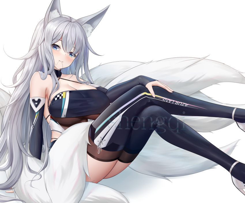 1girl animal_ears ankle_strap azur_lane bare_shoulders blue_eyes breasts chinese_commentary cleavage copyright_name criss-cross_halter crossed_legs detached_sleeves dot_nose elbow_gloves fox_ears fox_girl gloves hair_between_eyes hair_tie_in_mouth halterneck hand_on_own_leg high_heels huge_breasts kitsune long_hair looking_at_viewer mouth_hold official_alternate_costume race_queen shenqi_(toid310) shinano_(azur_lane) simple_background sitting solo thighhighs thighs white_background white_footwear white_hair