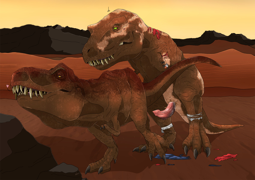 after_transformation clothing desert destroyed_clothing dinosaur duo erection female feral feral_on_feral genitals hi_res imminent_sex kaeku male male/female penis questionable_consent reptile scalie theropod torn_clothing tyrannosaurid tyrannosaurus tyrannosaurus_rex wristband