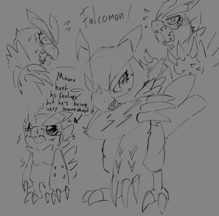 absurd_res anthro avian bandai_namco beak bird blush bodily_fluids claws crying digimon digimon_(species) digimon_survive falcomon falcomon_(survive) fangs hi_res male multiple_images psibunny sad sketch tears wings