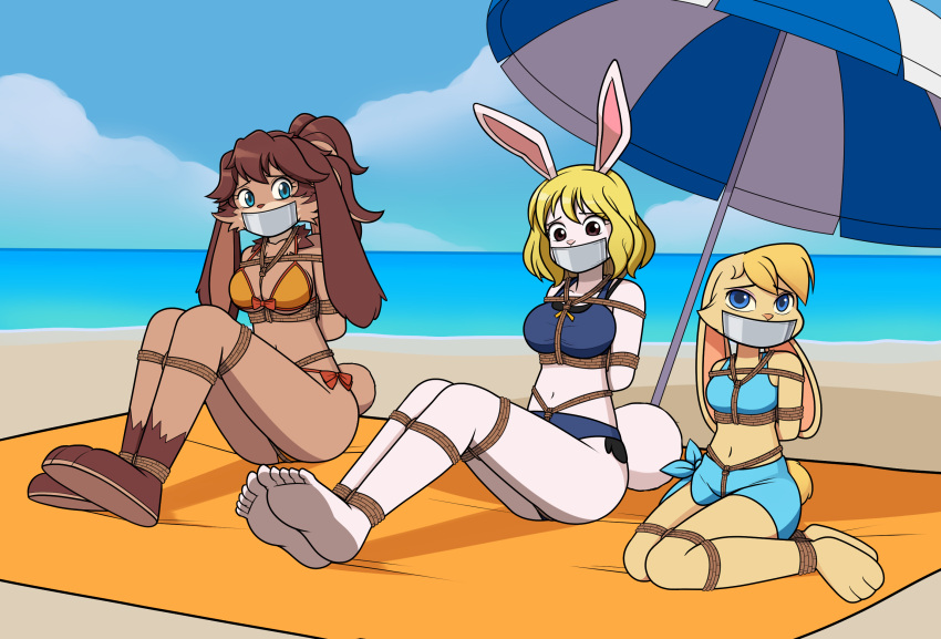 activision anthro bdsm beach bedding bianca_(spyro) bikini blanket bondage bound carrot_(one_piece) clothing crossover crotch_rope female gag group hi_res lagomorph lepi leporid looking_at_viewer lop_(star_wars_visions) mammal nivek15 one_piece parasol rabbit restraints rope rope_bondage seaside side-tie_bikini spyro_the_dragon star_wars star_wars_visions swimwear tape tape_gag trio video_games