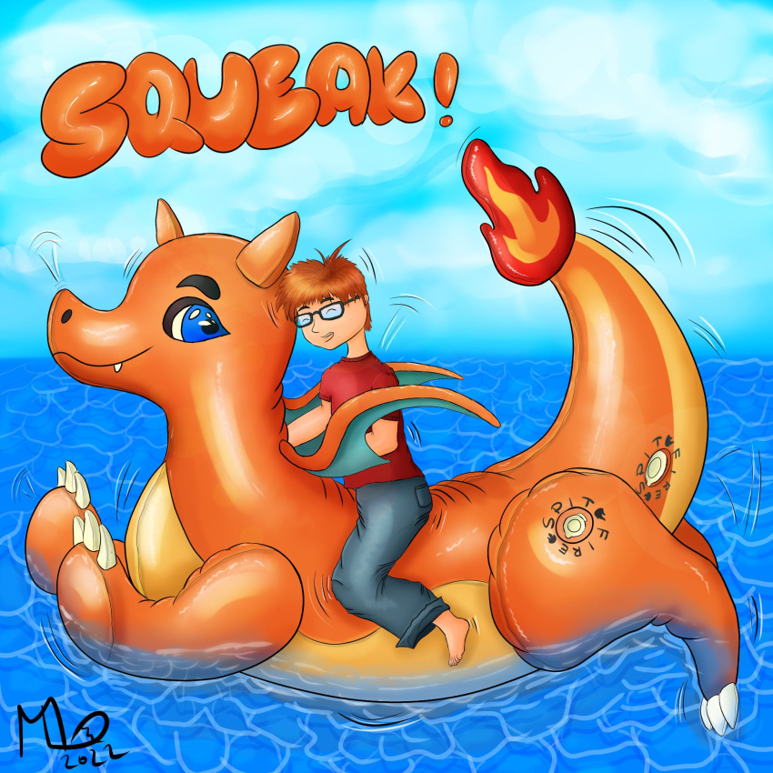 ambiguous_gender animate_inanimate barefoot blue_eyes charizard claws clothed clothing digital_media_(artwork) dragon duo feet floating hair hi_res humanoid inflatable living_inflatable male mammal maxwell_longtail membrane_(anatomy) membranous_wings multicolored_body nintendo open_mouth orange_body outside pok&eacute;mon pok&eacute;mon_(species) pool_float pool_toy rubber seaside simple_background sky smile toe_claws toes video_games water wings