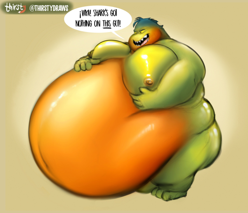 absurd_res anthro belly big_belly big_breasts big_butt big_cheeks big_nipples blush breasts butt dreamworks fish hi_res hyper hyper_belly male marine morbidly_obese mr._piranha_(the_bad_guys) navel nipples nude obese obese_anthro obese_male overweight overweight_anthro overweight_male piranha_(fish) serrasalmid simple_background smile solo text the_bad_guys thick_thighs thirstydraws wide_hips