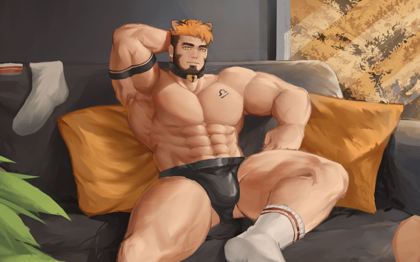 1boy abs animal_ears arm_behind_head arm_tattoo armpits artist_request bara beard biceps black_male_underwear brown_eyes brown_hair bulge cat_ears character_request couch facial_hair foot_out_of_frame highres indie_virtual_youtuber jockstrap large_bulge large_pectorals looking_at_viewer male_focus male_underwear mature_male multicolored_hair muscular muscular_male navel nipples no_nipples on_couch orange_hair pectorals second-party_source short_hair sideburns socks socks_removed solo spread_legs stomach tattoo thick_eyebrows thick_thighs thighs topless_male two-tone_hair underwear