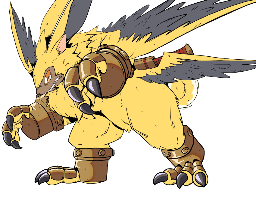 7thsofa absurd_res angry anthro bandai_namco claws curled_tail digimon digimon_ghost_game fur hi_res lamortmon long_ears male monster muscular muscular_anthro muscular_male orange_eyes sharp_claws sharp_teeth solo teeth winged_arms wings yellow_body yellow_fur