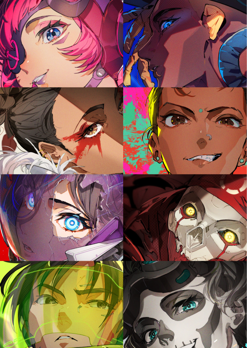 3boys 5girls apex_legends bandana black_hair blue_eyes braid broken_helmet brown_eyes comiket_100 crypto_(apex_legends) cyber_punked_wattson dark-skinned_female dark-skinned_male dark_skin eye_focus eyepatch eyeshadow facepaint facial_mark floating_hair forehead_mark glowing glowing_eye glowing_eyes goggles goggles_on_head hair_behind_ear highres horizon_(apex_legends) humanoid_robot inverse_polarity_horizon loba_(apex_legends) makeup mika_pikazo multiple_boys multiple_girls official_alternate_costume one_eye_covered orange_eyes parted_lips purple_lips rampart_(apex_legends) red_bandana red_eyeshadow red_scarf revenant_(apex_legends) scarf seer_(apex_legends) simulacrum_(titanfall) smirk twin_braids voidwalker_wraith wattson_(apex_legends) wraith_(apex_legends)