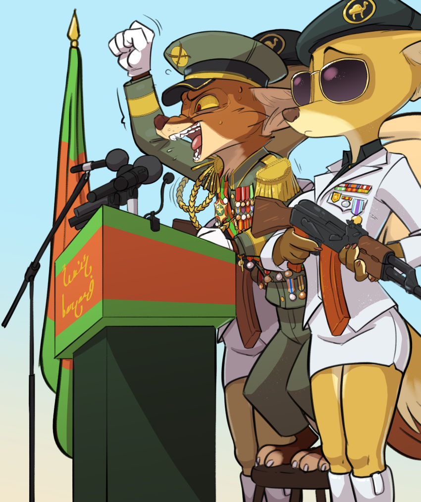 absurd_res ak_47 anthro arabic_text assault_rifle barefoot bodily_fluids boots bottomwear canid canine canis clothed clothing dictator digital_media_(artwork) eyewear feet female flag_(object) footwear fox fur furniture genet group gun hat headgear headwear hi_res holding_gun holding_object holding_weapon male mammal medal microphone military military_cap military_uniform open_mouth pants ranged_weapon rifle saliva shirt siroc siroc_(character) skirt standing stool sunglasses teeth text toes tongue topwear translation_request trio uniform viverrid weapon