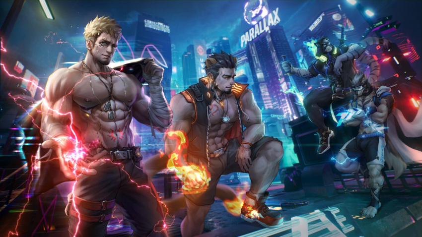 4boys abs alca_(wakatanka4) animal_ears bara bare_pectorals beenic black_hair black_pants blonde_hair cigarette closed_mouth earrings fire flaming_hand furry furry_male gyee highres holding holding_clothes holding_jacket jacket jewelry kaspar54195316 large_pectorals lion_boy lion_ears lion_tail magic male_focus multiple_boys muscular muscular_male navel necklace nipples open_clothes pants pectorals romg short_hair stomach_tattoo tail tattoo topless_male undercut