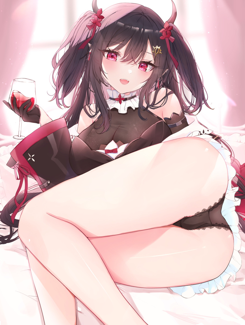 absurdres alcohol ass black_dress black_hair blush breasts choker cleavage commentary covered_collarbone cup dress fangs flower frilled_choker frilled_skirt frills gloves hair_between_eyes hair_flower hair_ornament hair_ribbon highres holding holding_cup horns large_breasts lingerie long_hair long_sleeves lying on_bed on_side open_mouth original red_eyes ribbon skirt solo symbol-only_commentary thighs tsuyuri_eri twintails underwear wine
