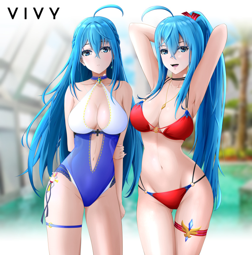 2girls :d absurdres ahoge armpits arms_behind_back arms_up ass_visible_through_thighs bangs bikini blue_eyes blue_hair blurry blurry_background breasts casual_one-piece_swimsuit cleavage clement39 closed_mouth clothing_cutout collarbone groin hair_between_eyes hair_ribbon high_ponytail highres large_breasts long_hair looking_at_viewer multi-strapped_bikini multiple_girls navel one-piece_swimsuit red_bikini red_ribbon ribbon shiny shiny_hair smile standing stomach_cutout swimsuit thigh_gap thigh_strap very_long_hair vivy vivy:_fluorite_eye's_song