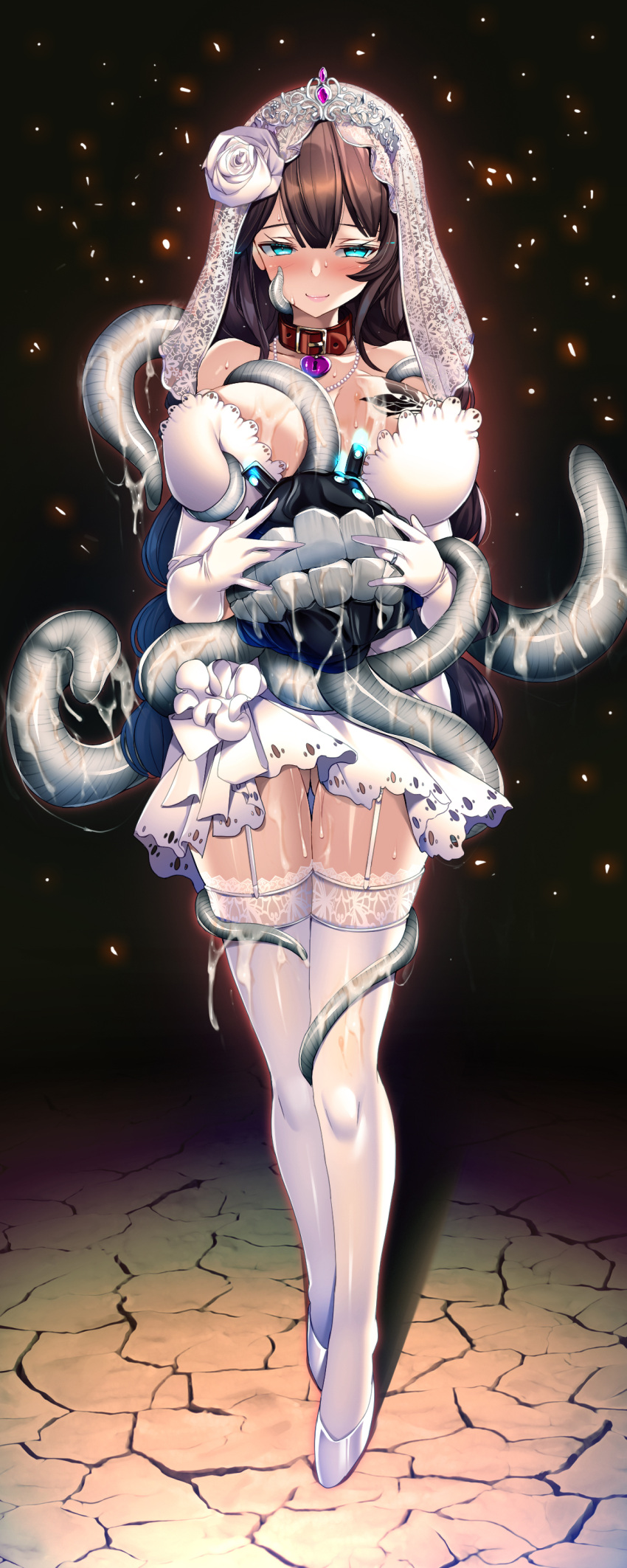 1girl absurdres animal_collar bangs breasts bridal_garter bridal_lingerie bridal_veil brown_hair chest_tattoo collar consensual_tentacles dark_background dress elbow_gloves enemy_naval_mine_(kancolle) flower full_body garter_straps gloves green_eyes hair_between_eyes hair_flower hair_ornament heart_lock_(kantai_collection) highres holding jewelry kantai_collection lace-trimmed_legwear lace_trim large_breasts lingerie long_hair looking_at_viewer necklace noshiro_(kancolle) pearl_necklace ring rose sexually_suggestive short_dress smile stone_floor suggestive_fluid sweat tattoo tentacles thighhighs torisan underwear veil wedding_band wedding_dress white_dress white_flower white_footwear white_gloves white_rose white_thighhighs