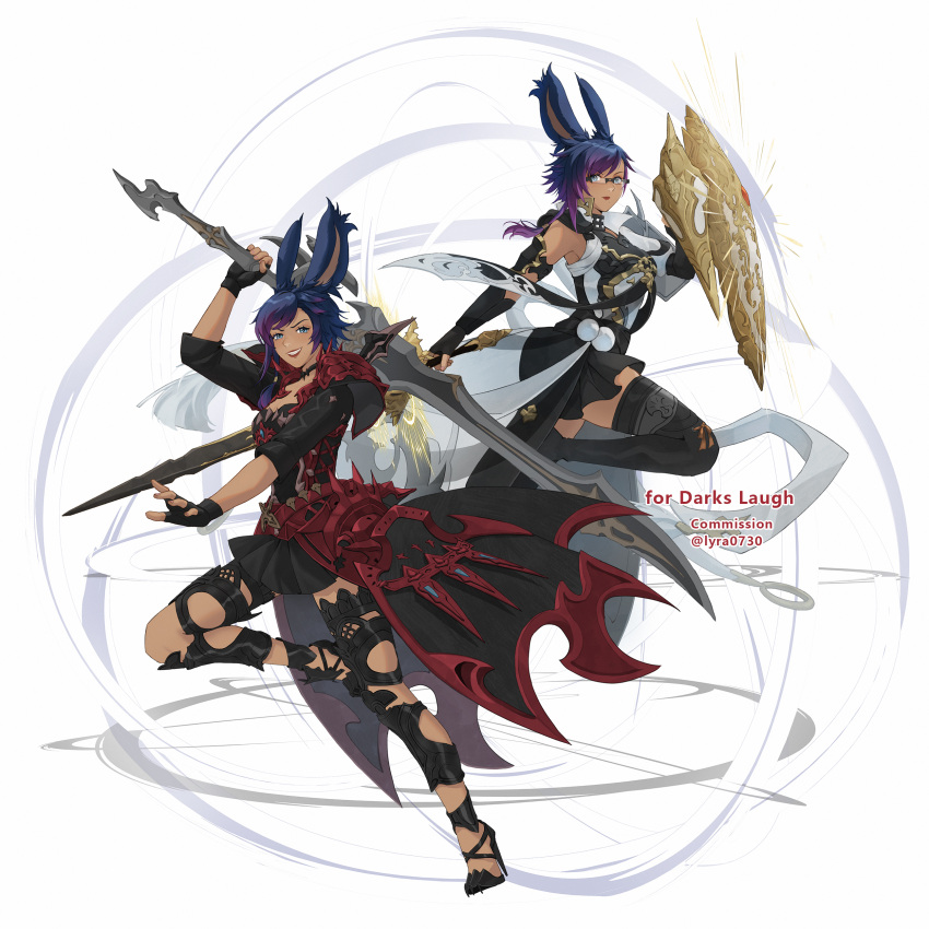 2girls absurdres animal_ears armor avatar_(ff14) bangs blue_eyes blue_hair boots commission dark-skinned_female dark_knight_(final_fantasy) dark_skin final_fantasy final_fantasy_xiv fingerless_gloves gloves high_heels highres hip_armor holding holding_sword holding_weapon long_hair lyra-kotto mole mole_under_mouth multicolored_hair multiple_girls paladin_(final_fantasy) purple_hair rabbit_ears shield shoulder_armor smile sword thigh_boots two-tone_hair viera weapon