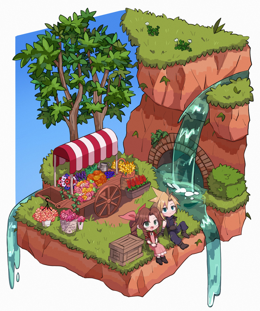 1boy 1girl aerith_gainsborough armor baggy_pants bangle bangs belt blonde_hair blue_eyes blue_pants blue_shirt boots bouquet bracelet braid braided_ponytail brown_footwear brown_hair chibi choker cloud_strife couple cropped_jacket dress final_fantasy final_fantasy_vii final_fantasy_vii_remake flower flower_basket full_body grass green_eyes hair_between_eyes hair_ribbon highres isometric jacket jewelry leaf long_dress long_hair looking_up open_mouth outdoors pants parted_bangs pink_dress pink_ribbon red_jacket ribbon shirt short_hair shoulder_armor sidelocks sleeveless sleeveless_turtleneck smile spiked_hair suspenders tree ttnoooo turtleneck wagon water waterfall white_flower wooden_box