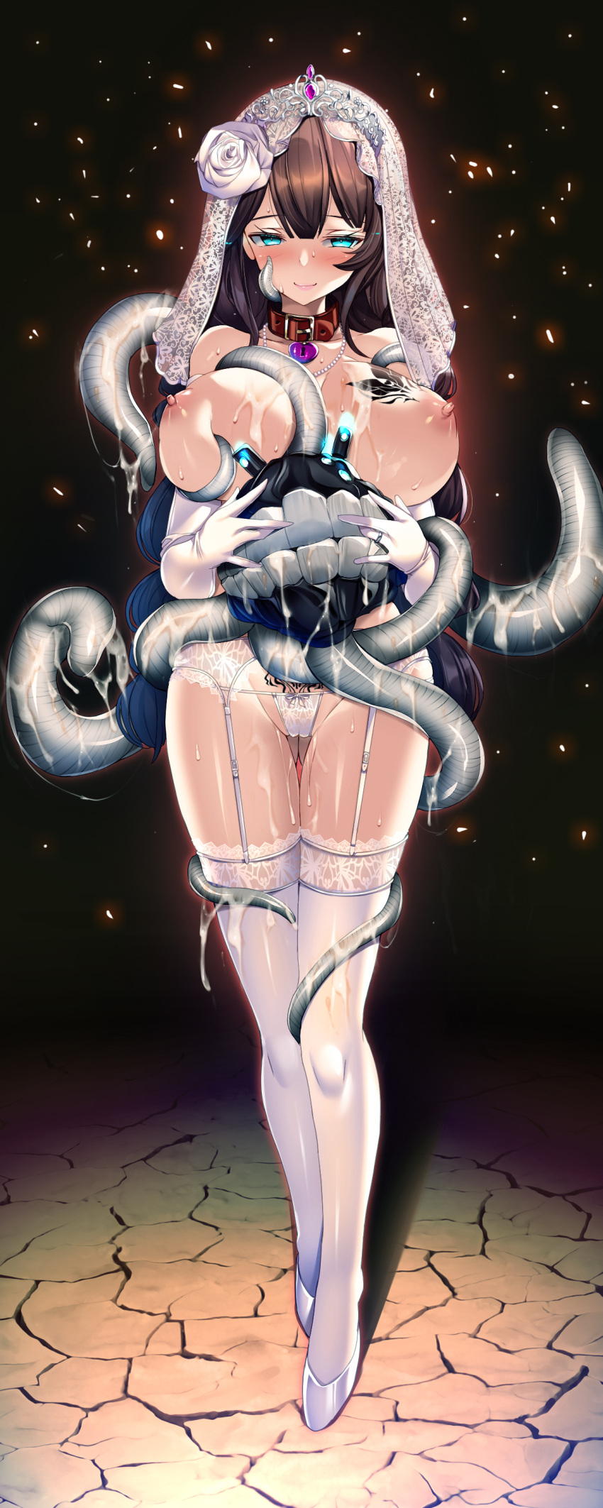 1girl absurdres animal_collar bangs breasts bridal_garter bridal_lingerie bridal_veil brown_hair chest_tattoo collar consensual_tentacles dark_background elbow_gloves enemy_naval_mine_(kancolle) flower full_body garter_belt garter_straps gloves green_eyes hair_between_eyes hair_flower hair_ornament heart_lock_(kantai_collection) highres holding jewelry kantai_collection lace-trimmed_legwear lace_trim large_breasts lingerie long_hair looking_at_viewer necklace nipples noshiro_(kancolle) panties pearl_necklace pubic_tattoo ring rose sexually_suggestive smile stone_floor string_panties suggestive_fluid sweat tattoo tentacles thighhighs torisan underwear veil wedding_band white_flower white_footwear white_gloves white_panties white_rose white_thighhighs